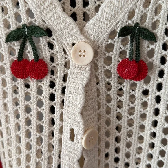 Rebellion Cream Crochet Cardigan with Red Cherry Embroidery - Picture 3 of 7